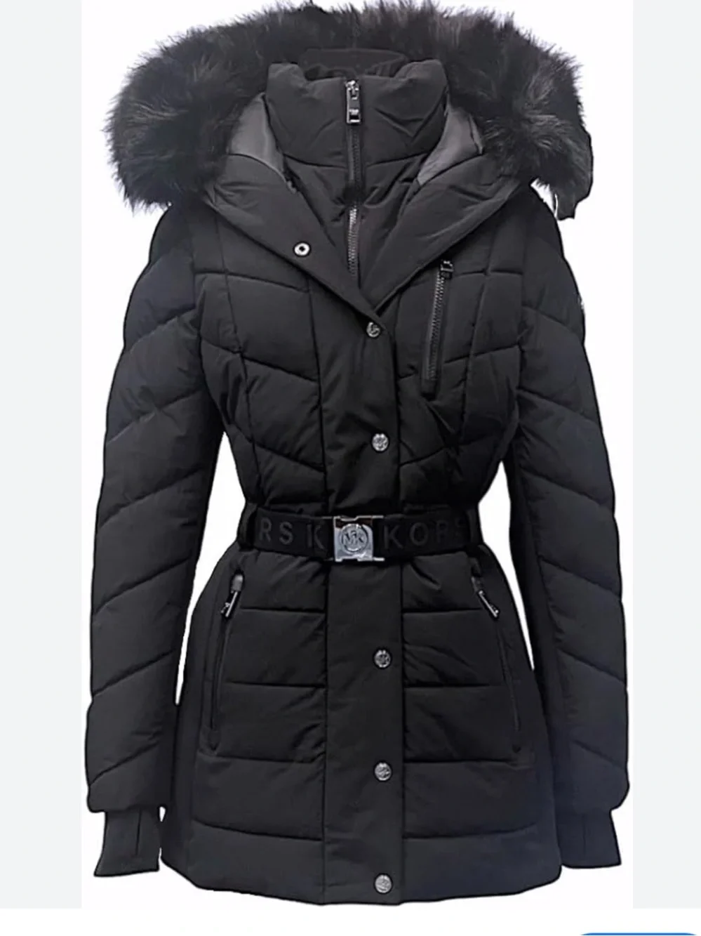 Michael Kors Black Quilted Hooded Belted Puffer Coat M